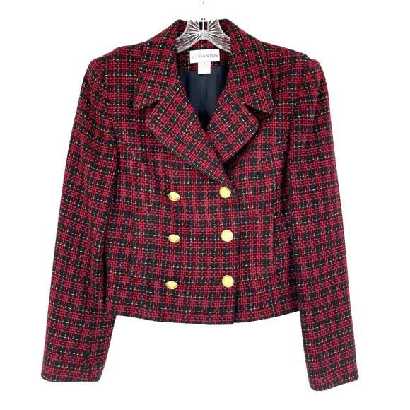 Gantos Vintage Plaid Red Black Gold Blazer Sz 6 Pockets Academia Holiday Party - Picture 1 of 16